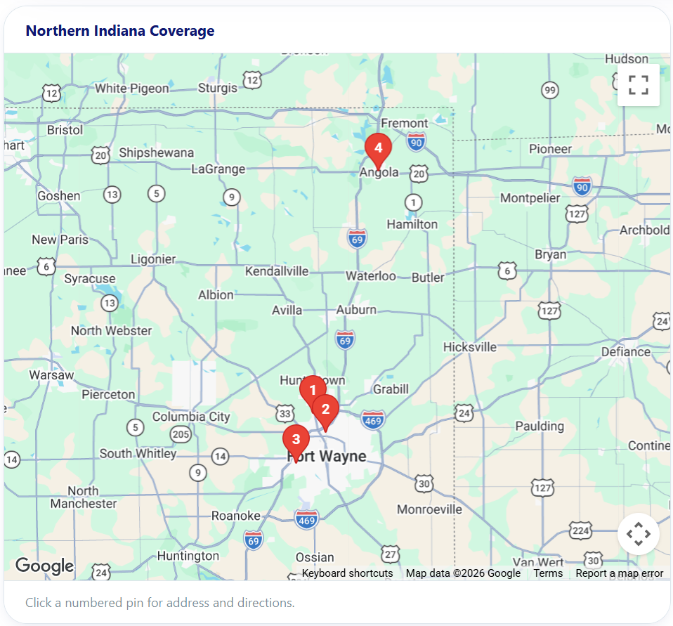 Northern Indiana billboard coverage map showing four numbered board locations in Fort Wayne and Angola