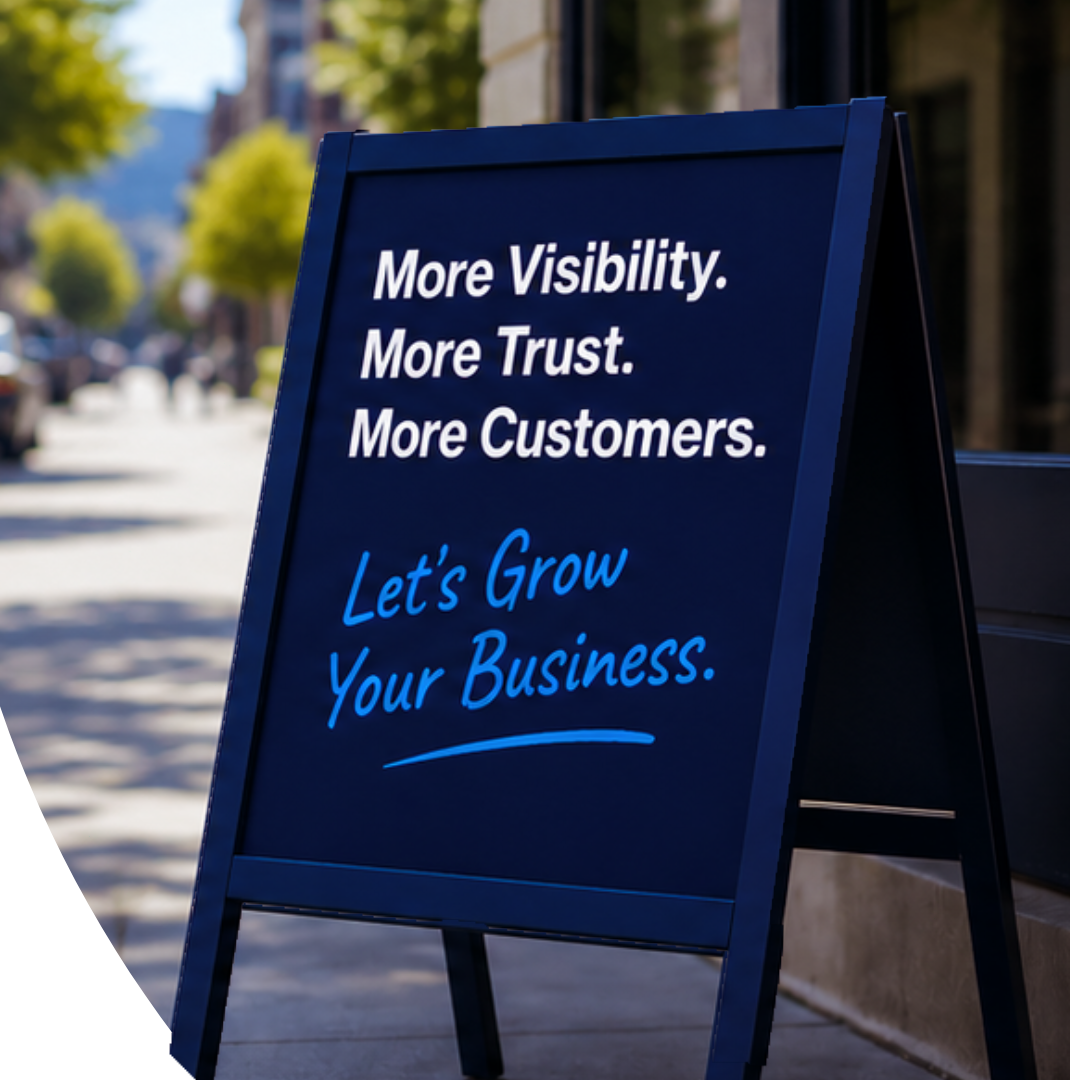 Local small business storefront with BBB branding and Digital Visibility solutions